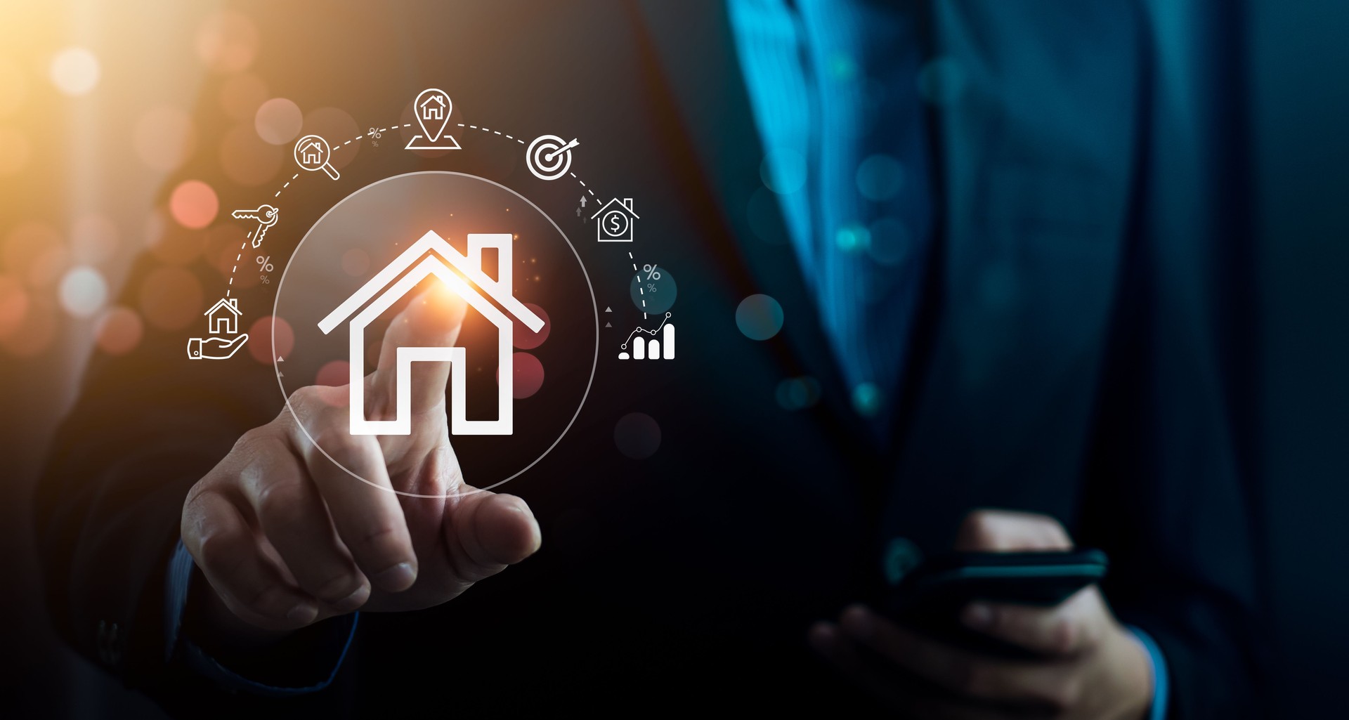 real estate investment concept, buy house, location, energy efficiency rating and property value, Real estate online on virtual screens. home search, land price, property tax, real estate market